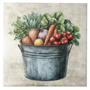 Rustic Bucket full of Vegetables  Tile