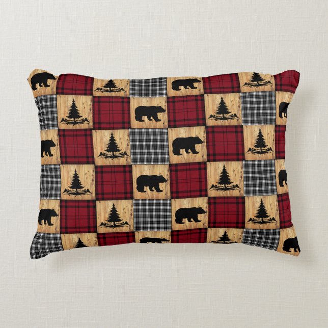 Rustic Buffalo Check Bears Trees Wood Red Black Decorative Cushion (Front)