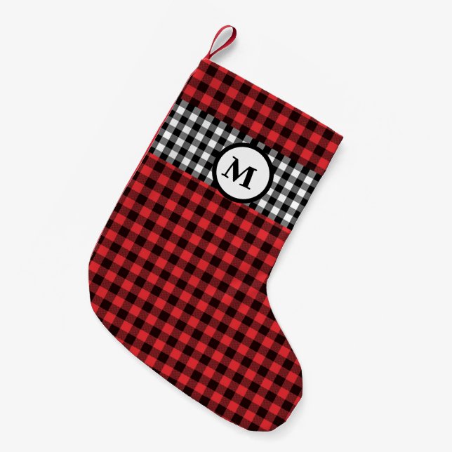 Rustic buffalo check gingham black & red monogram small christmas stocking (Front (Hanging))