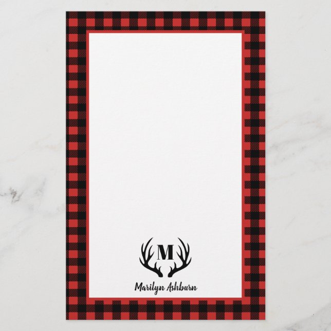 Rustic Buffalo Check Plaid & Black Antlers Stationery (Front)