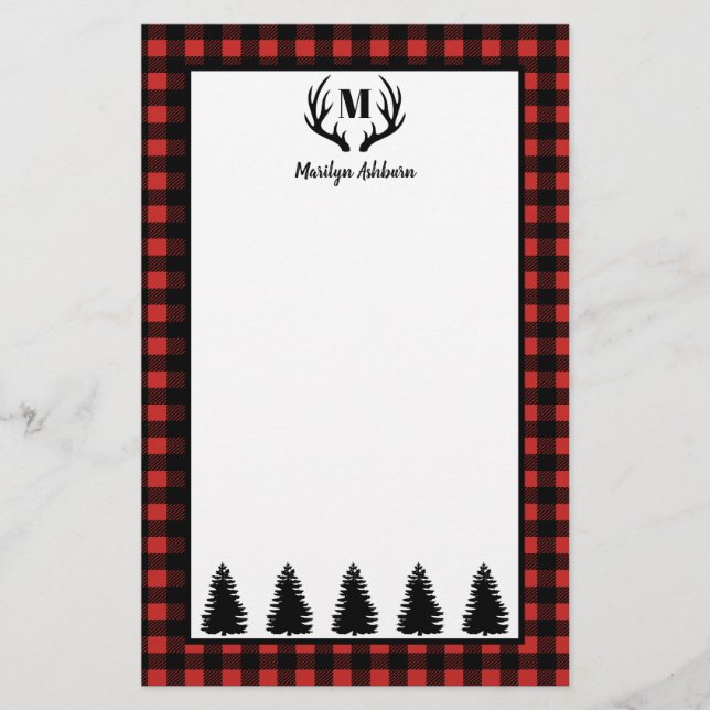 Rustic Buffalo Check Plaid & Black Forest & Antler Stationery (Front)