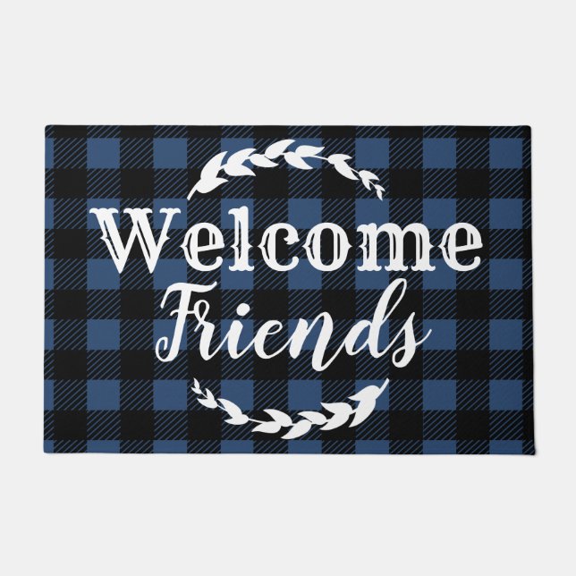 Rustic Buffalo Check Plaid Welcome Friends Blue Doormat (Front)
