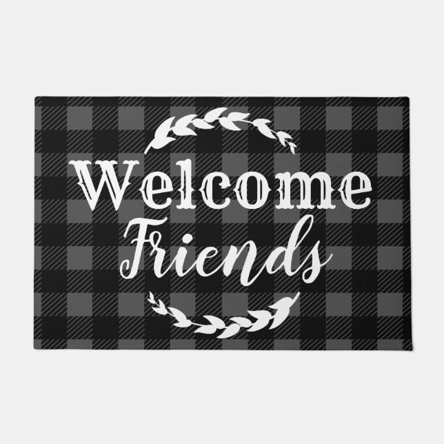Rustic Buffalo Check Plaid Welcome Friends Grey Doormat (Front)
