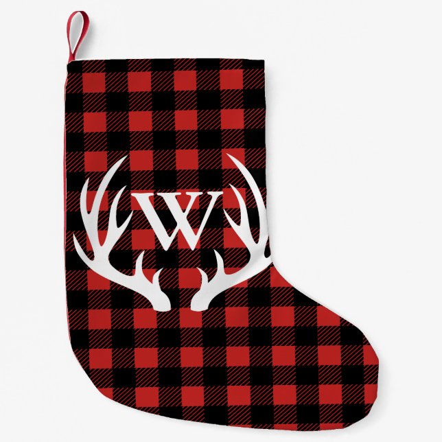 Rustic Buffalo Check Plaid & White Deer Antlers Small Christmas Stocking (Front)