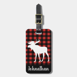 Rustic Buffalo Check Plaid & White Moose Luggage Tag