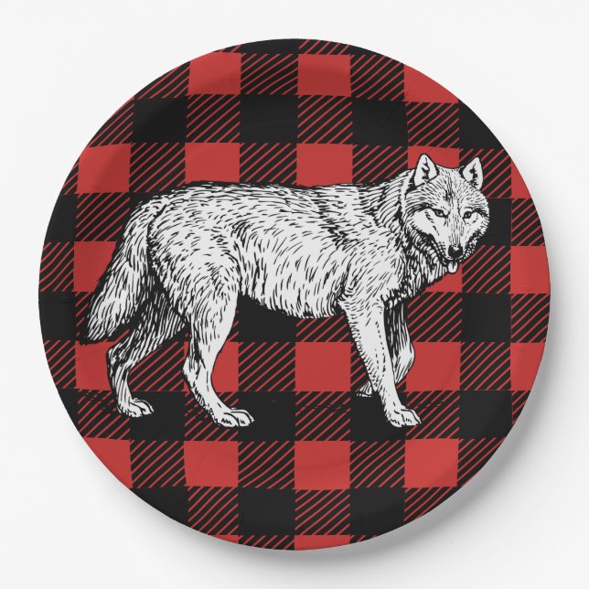 Rustic Buffalo Check Plaid & Wolf Paper Plate (Front)