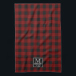 Rustic Buffalo Checks | Plaid Monogram Name Year K Tea Towel<br><div class="desc">Our original buffalo check plaid pattern in black and red with a black and grey bordered,  black emblem for your monogram initial,  family name and established year.  Great for rustic,  country and log cabin decor as well as Christmas and winter holiday season.</div>