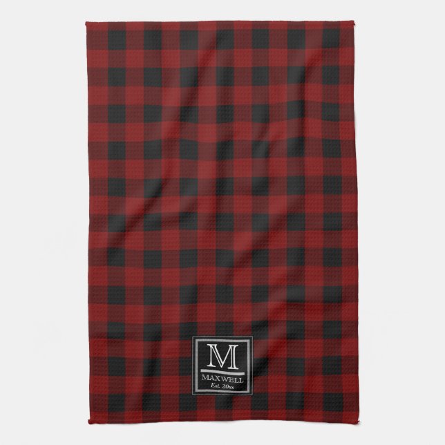 Rustic Buffalo Checks | Plaid Monogram Name Year K Tea Towel (Vertical)