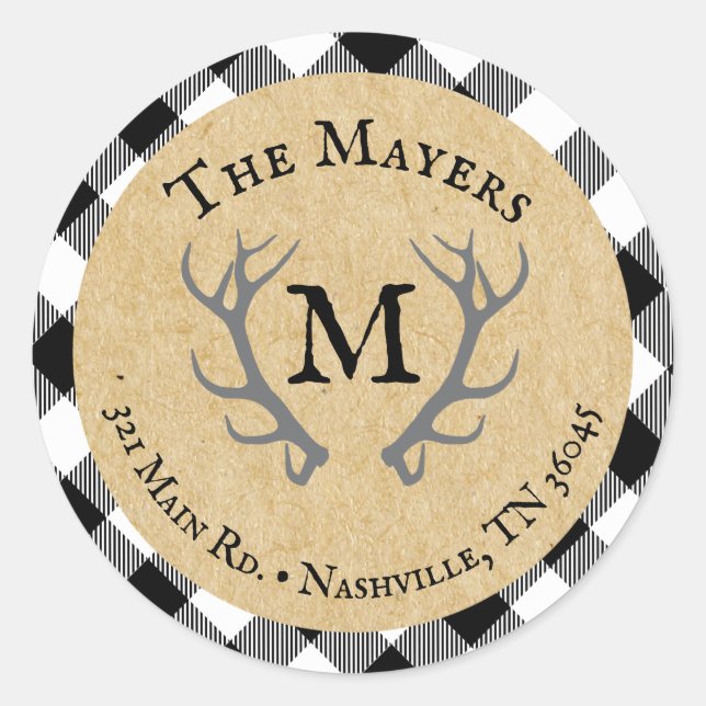 Rustic Buffalo Plaid Antler Monogram Address Classic Round Sticker (Front)