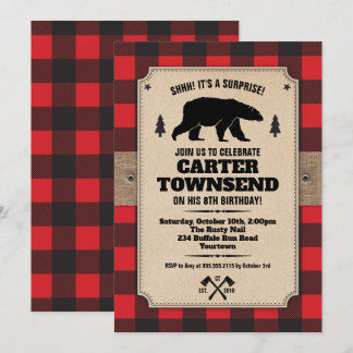 Rustic Buffalo Plaid Bear Kraft Panel Birthday Invitation
