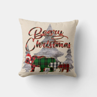 Rustic Buffalo Plaid Bears Berry Christmas Cushion