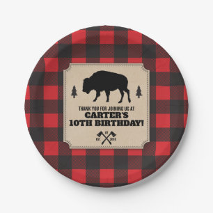 Rustic Buffalo Plaid Bison Kraft Look Panel Party Paper Plate