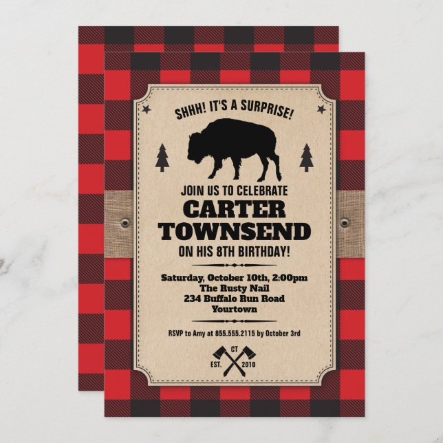Rustic Buffalo Plaid Bison Kraft Panel Birthday Invitation (Front/Back)
