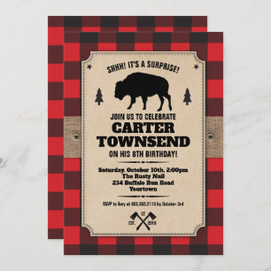 Rustic Buffalo Plaid Bison Kraft Panel Birthday Invitation