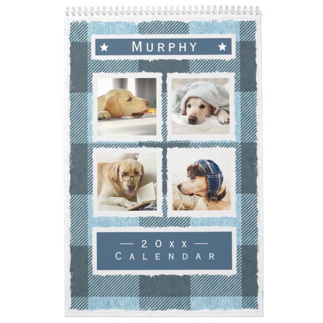 Rustic Buffalo Plaid Blue Dog Pet 2023 Calendar (Cover)