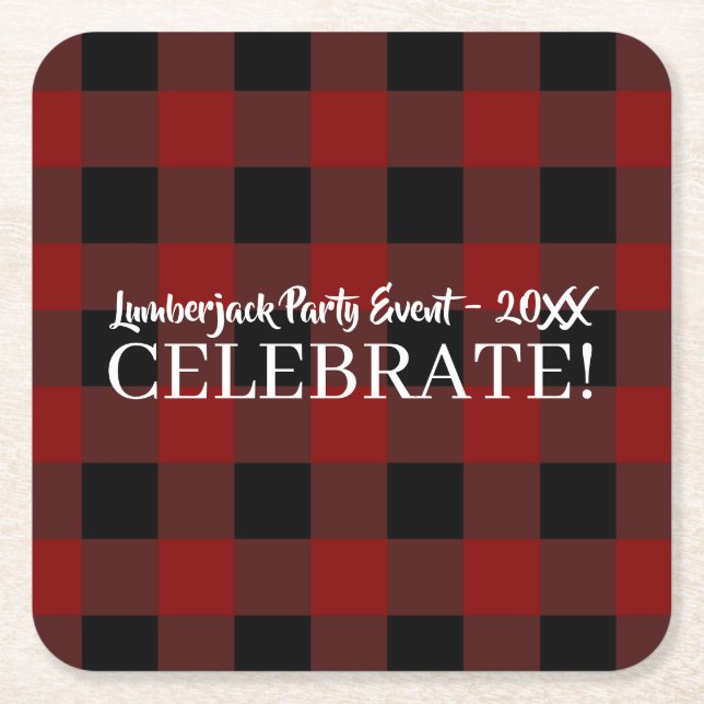 Rustic Buffalo Plaid Celebrate Customised Event Square Paper Coaster (Front)