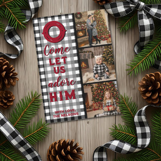 Rustic Buffalo Plaid Come Let Us Adore Him Photo Holiday Card