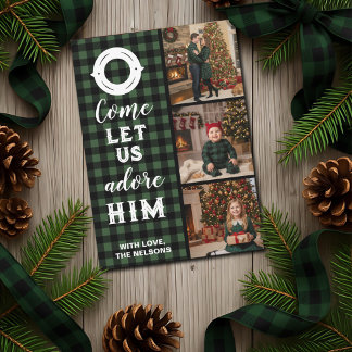 Rustic Buffalo Plaid Come Let Us Adore Him Photo Holiday Card
