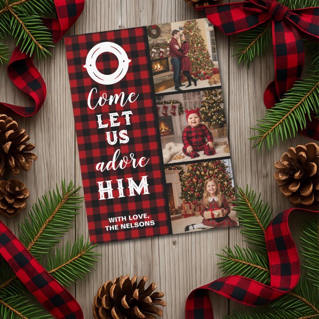 Rustic Buffalo Plaid Come Let Us Adore Him Photo Holiday Card (Creator Uploaded)