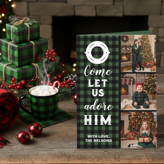 Rustic Buffalo Plaid Come Let Us Adore Him Photo Holiday Card (Creator Uploaded)
