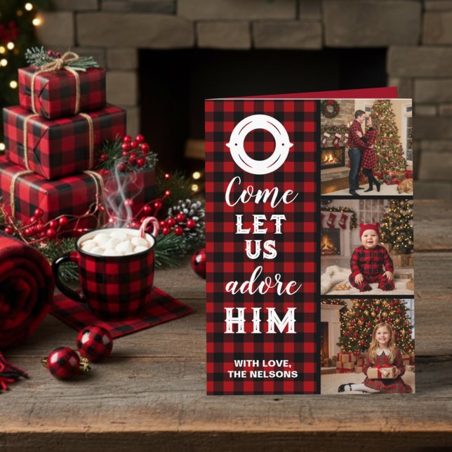 Rustic Buffalo Plaid Come Let Us Adore Him Photo Holiday Card (Creator Uploaded)