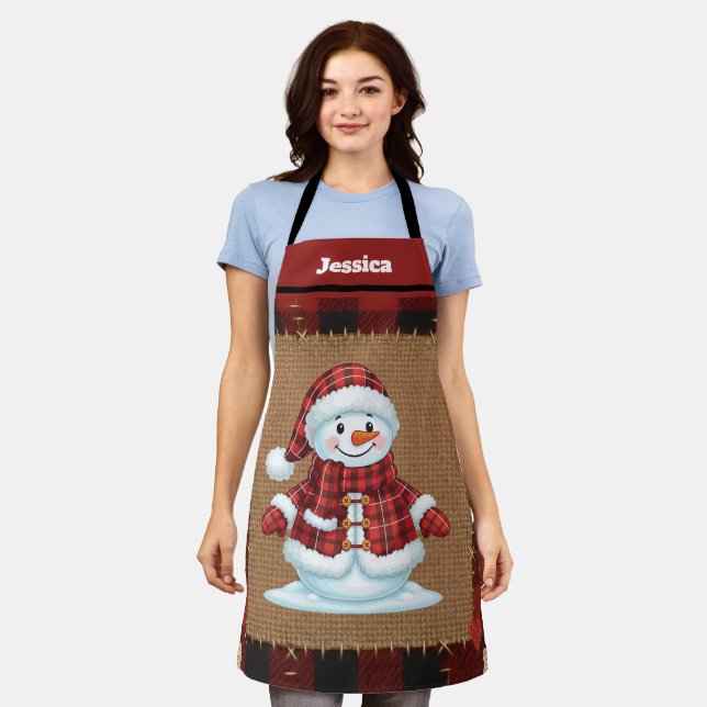 Rustic Buffalo Plaid Custom Name Snowman Apron (Worn)