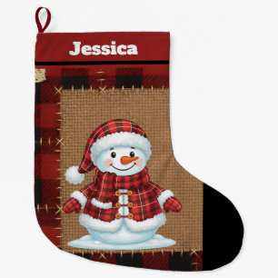 Rustic Buffalo Plaid Custom Name Snowman Large Christmas Stocking