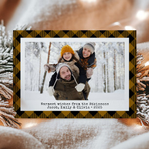 Rustic Buffalo Plaid Custom Photo Tan Black Holiday Card