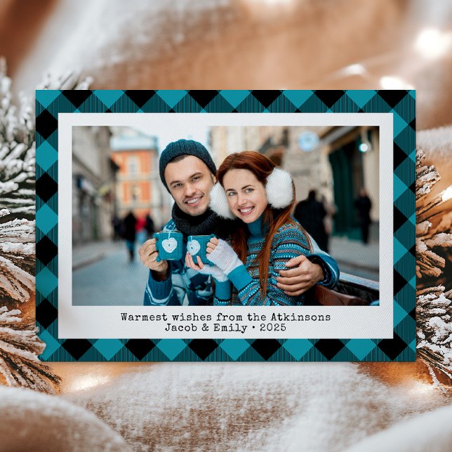 Rustic Buffalo Plaid Custom Photo Turquoise Black Holiday Card (Creator Uploaded)