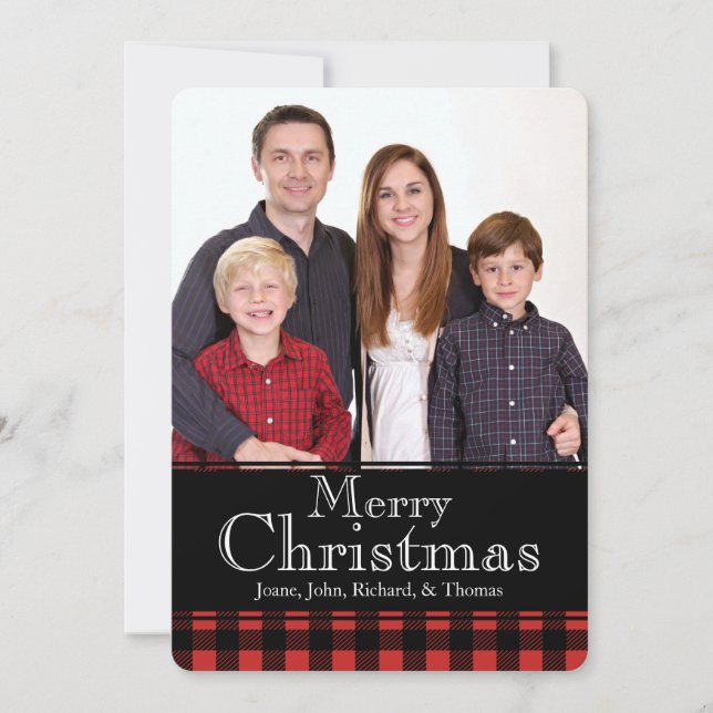 Rustic Buffalo Plaid Deer Antlers Christmas Photo Holiday Card (Front)