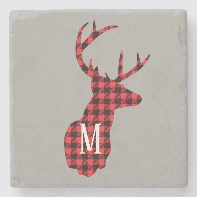 Rustic Buffalo Plaid Deer Monogram Stone Coaster (Front)