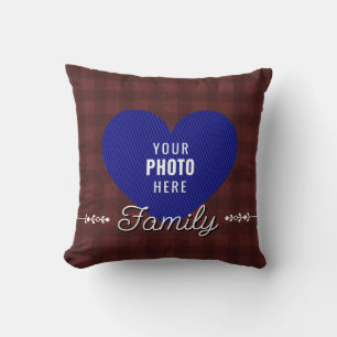 Rustic Buffalo Plaid Family Heart Photo Cushion
