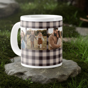 Rustic Buffalo Plaid Family Photo Brown 5 Picture Large Coffee Mug