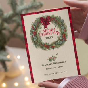 Rustic Buffalo Plaid Farmhouse Christmas Wreath Holiday Card
