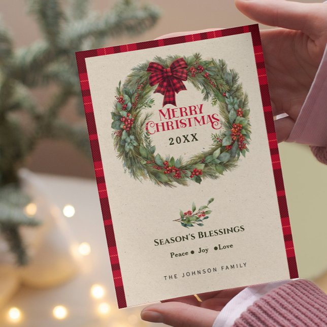 Rustic Buffalo Plaid Farmhouse Christmas Wreath Holiday Card (Creator Uploaded)