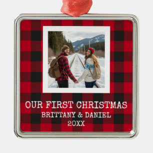 Rustic Buffalo Plaid First Christmas Metal Tree Decoration