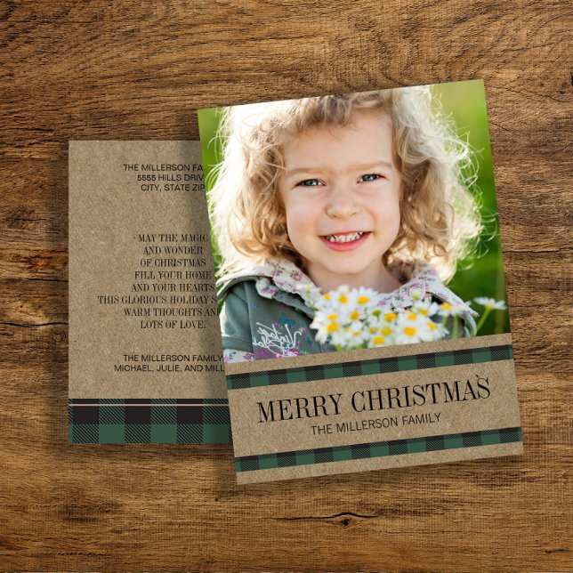 Rustic Buffalo Plaid Green Merry Christmas Photo Postcard (Green buffalo plaid Christmas photo greeting postcard)