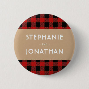 Rustic Buffalo Plaid & Kraft Wedding 6 Cm Round Badge