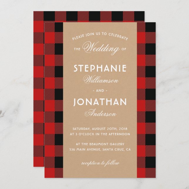 Rustic Buffalo Plaid & Kraft Wedding Invitation (Front/Back)