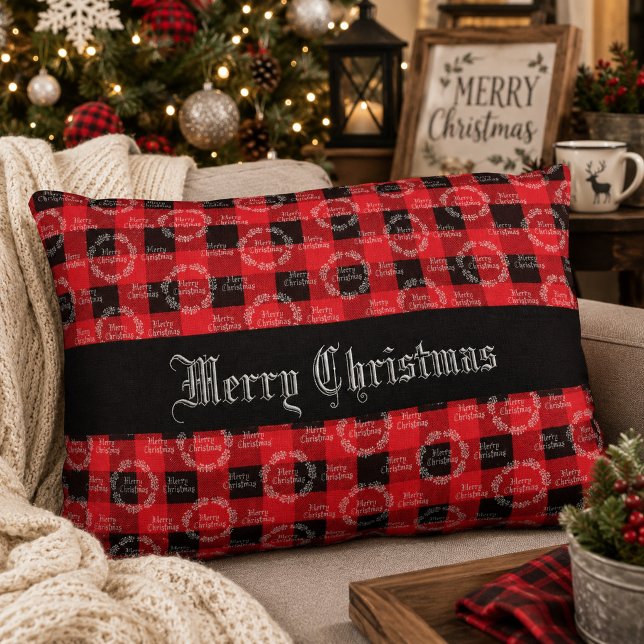 Rustic Buffalo Plaid Merry Christmas  Decorative Cushion (Creator Uploaded)