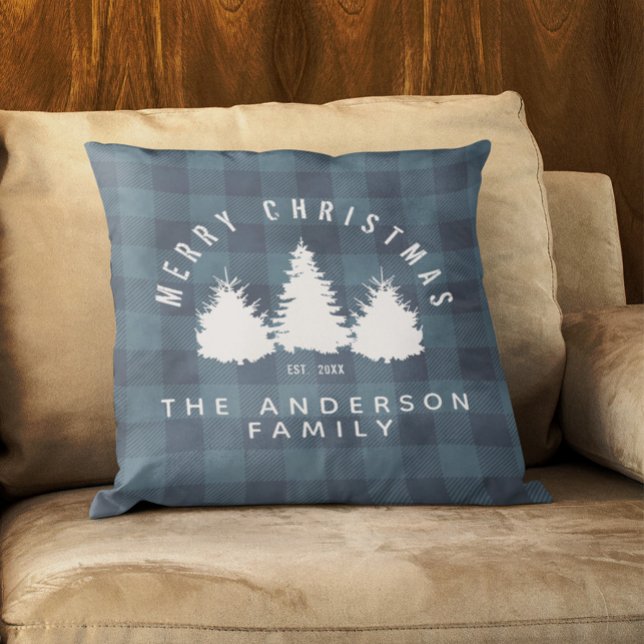 Rustic Buffalo Plaid Merry Christmas Family Name   Cushion (Creator Uploaded)