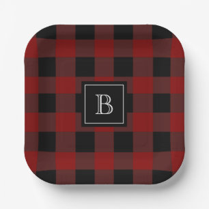 Rustic Buffalo Plaid Modern Monogrammed Red Black Paper Plate