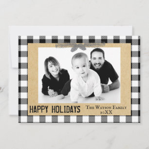 Rustic Buffalo Plaid Monogram Wreath Photo Holiday Card