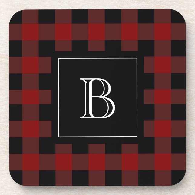 Rustic Buffalo Plaid Monogrammed Initial Red Black Coaster (Front)