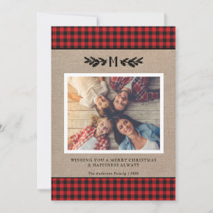Rustic Buffalo Plaid Monogrammed Photo Christmas  Holiday Card