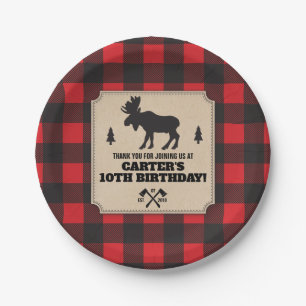 Rustic Buffalo Plaid Moose Kraft Look Panel Party Paper Plate