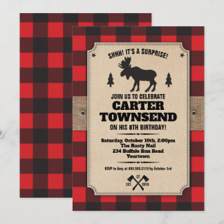 Rustic Buffalo Plaid Moose Kraft Panel Birthday Invitation