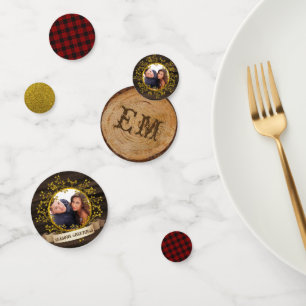 Rustic Buffalo Plaid PHOTO Gold Red Monogram Confetti