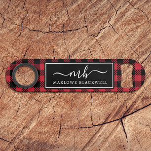 Rustic Buffalo Plaid Red Black Monogram Name