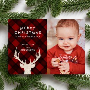 Rustic Buffalo Plaid & Reindeer Christmas Photo Holiday Card